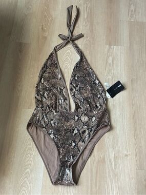 Fashion Nova Brown Snake Print Halter One-Piece Swimsuit